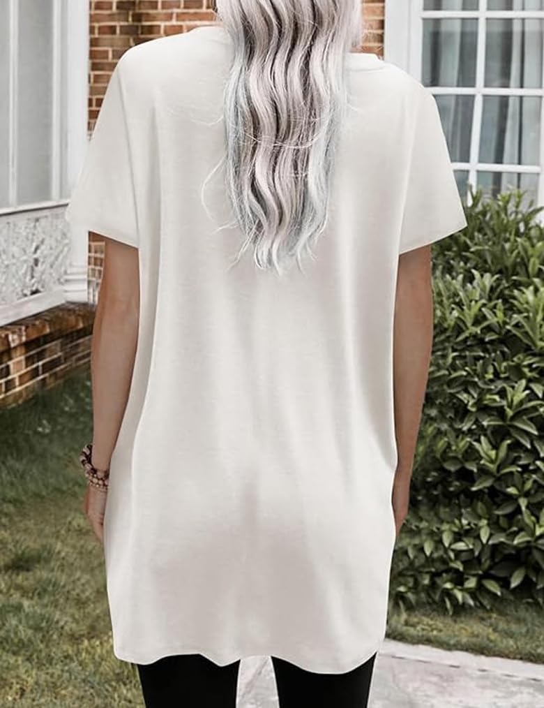 Poetsky Womens Long Shirts Pullover Solid Color Short Sleeve Long Tunic Tops to Wear with Leggings Plain Shirts with Pockets for Women 2XL White - Image 2