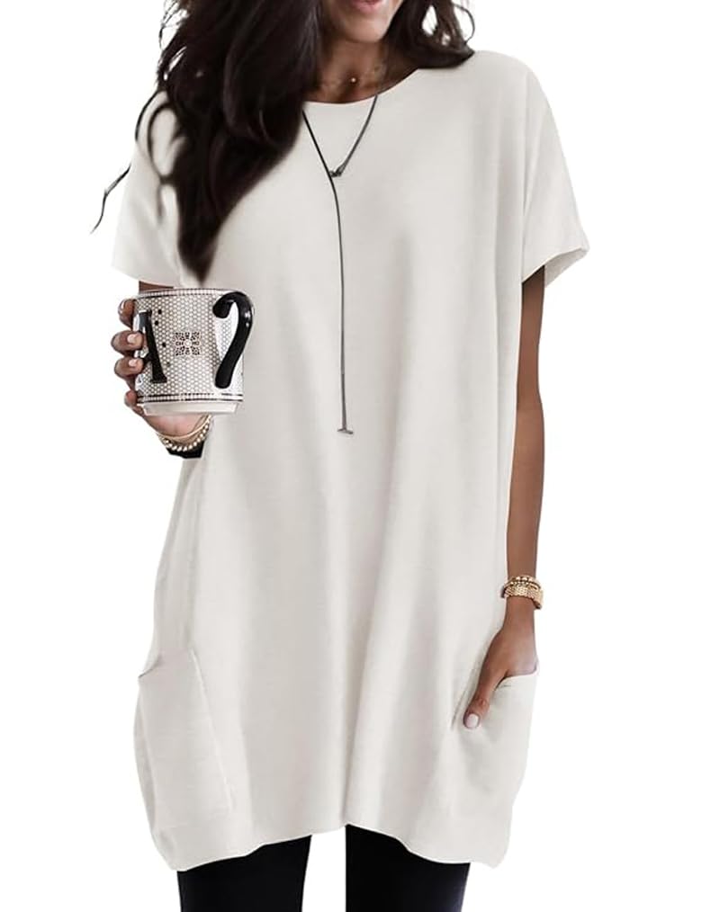 Poetsky Womens Long Shirts Pullover Solid Color Short Sleeve Long Tunic Tops to Wear with Leggings Plain Shirts with Pockets for Women 2XL White - Image 1
