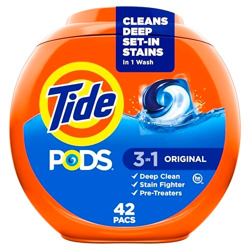 Tide PODS Laundry Detergent Pacs 3in1 Stain Remover Odor Fighter Color Protector 42 Count HE compatible Original Scent Packaging May Vary