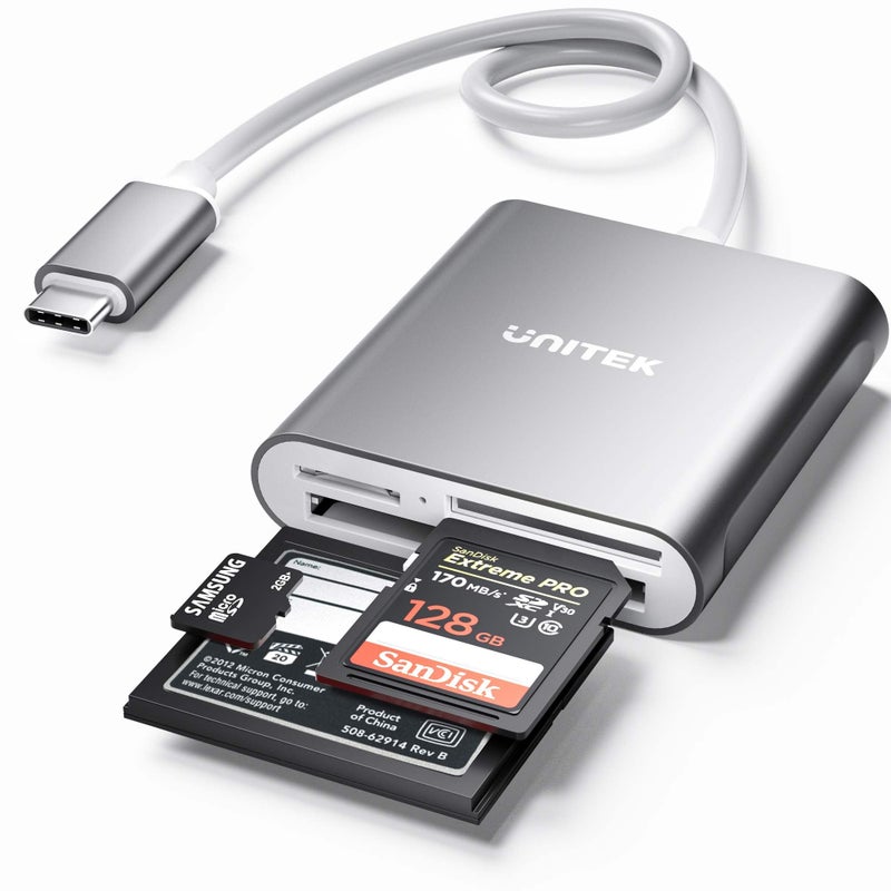 UNITEK قارئ بطاقة SD USB C من يونيتيك، ألومنيوم 3 فتحات USB 3.0 نوع-C لقارئ بطاقات الذاكرة الفلاش لجهاز USB C، يدعم بطاقة الذاكرة SanDisk Compact Flash وبطاقة Lexar Professional CompactFlash - رمادي - Image 1