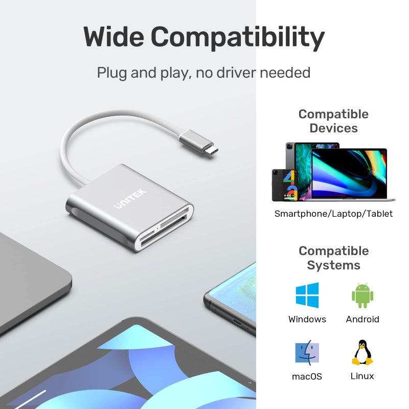 UNITEK قارئ بطاقة SD USB C من يونيتيك، ألومنيوم 3 فتحات USB 3.0 نوع-C لقارئ بطاقات الذاكرة الفلاش لجهاز USB C، يدعم بطاقة الذاكرة SanDisk Compact Flash وبطاقة Lexar Professional CompactFlash - رمادي - Image 5