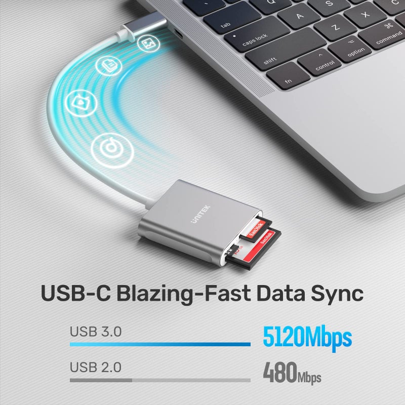 UNITEK قارئ بطاقة SD USB C من يونيتيك، ألومنيوم 3 فتحات USB 3.0 نوع-C لقارئ بطاقات الذاكرة الفلاش لجهاز USB C، يدعم بطاقة الذاكرة SanDisk Compact Flash وبطاقة Lexar Professional CompactFlash - رمادي - Image 4