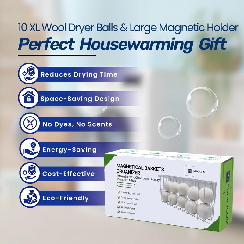 ENUKYCOM 10 XL Wool Dryer Balls Laundry Reusable from New Zealand Wool & Magnetic Dryer Ball Holder - Laundry Wool Dryer Balls Storage Containers: Easy Install Without Tools, Magnetic Basket for Dryer Balls - Image 3