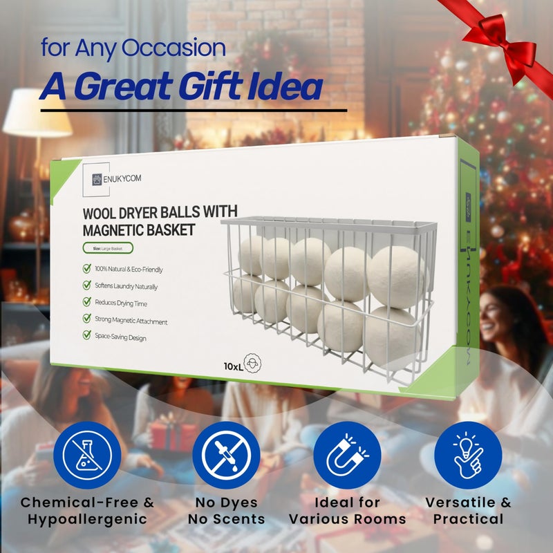 ENUKYCOM 10 XL Wool Dryer Balls Laundry Reusable from New Zealand Wool & Magnetic Dryer Ball Holder - Laundry Wool Dryer Balls Storage Containers: Easy Install Without Tools, Magnetic Basket for Dryer Balls - Image 2