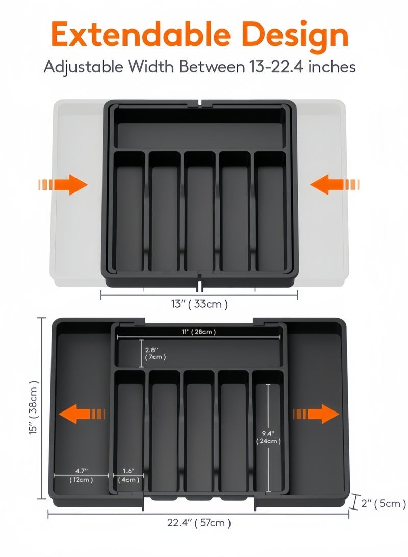عربست منظم أدراج أدوات المائدة، صينية أدوات مائدة قابلة للتمدد للمطبخ، حامل أدوات مائدة خالٍ من مادة BPA، مساحة تخزين بلاستيكية قابلة للتعديل للملاعق والشوك والسكاكين، كبير، أسود، 33-57*38*5 سم - Image 3