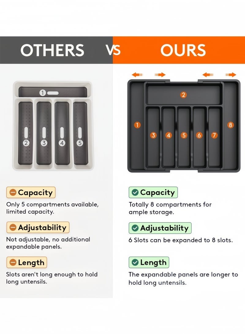 عربست منظم أدراج أدوات المائدة، صينية أدوات مائدة قابلة للتمدد للمطبخ، حامل أدوات مائدة خالٍ من مادة BPA، مساحة تخزين بلاستيكية قابلة للتعديل للملاعق والشوك والسكاكين، كبير، أسود، 33-57*38*5 سم - Image 5