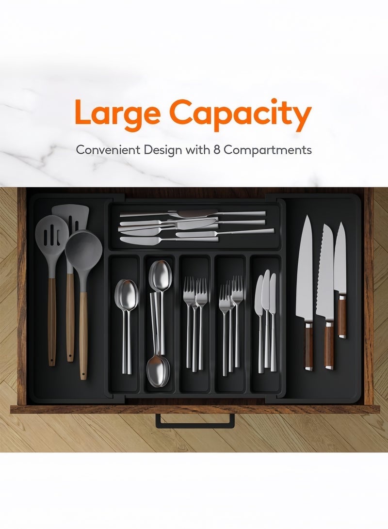 عربست منظم أدراج أدوات المائدة، صينية أدوات مائدة قابلة للتمدد للمطبخ، حامل أدوات مائدة خالٍ من مادة BPA، مساحة تخزين بلاستيكية قابلة للتعديل للملاعق والشوك والسكاكين، كبير، أسود، 33-57*38*5 سم - Image 2