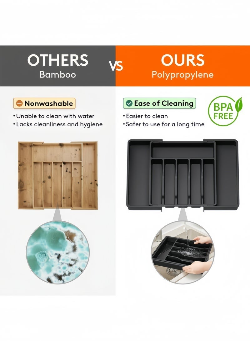 عربست منظم أدراج أدوات المائدة، صينية أدوات مائدة قابلة للتمدد للمطبخ، حامل أدوات مائدة خالٍ من مادة BPA، مساحة تخزين بلاستيكية قابلة للتعديل للملاعق والشوك والسكاكين، كبير، أسود، 33-57*38*5 سم - Image 4