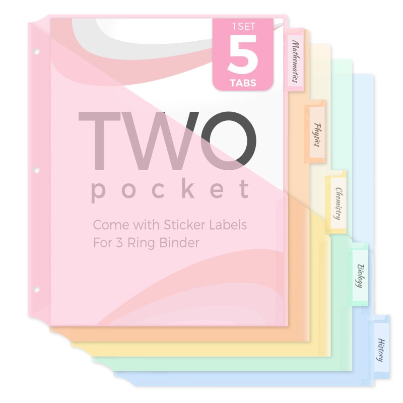 SKYDUE Binder Dividers with Two Pockets, 5 Tabs Dividers for 3 Ring Binder, Plastic Binder Dividers with Tabs for School, Office, and Home Organization,Pink - Image 1