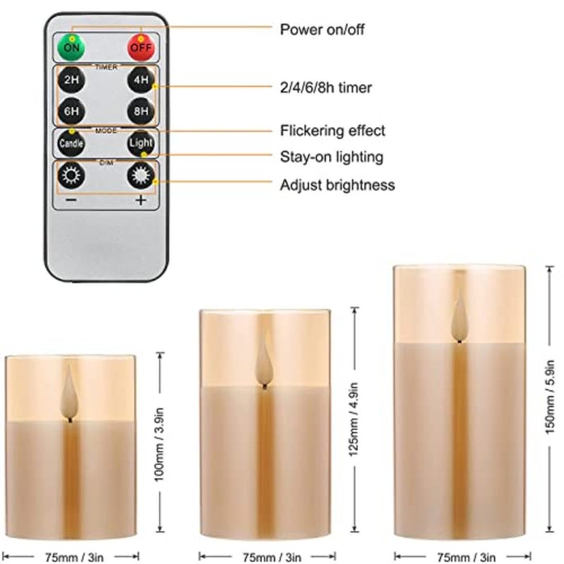 Led Flameless Candles, Battery Operated Real Pillar Wax Flickering Moving Wick Effect Glod Halloween Glass Candle Set with Remote Control Cycling Timer, 10cm, 12.5cm, 15cm, Pack of 3 - Image 5