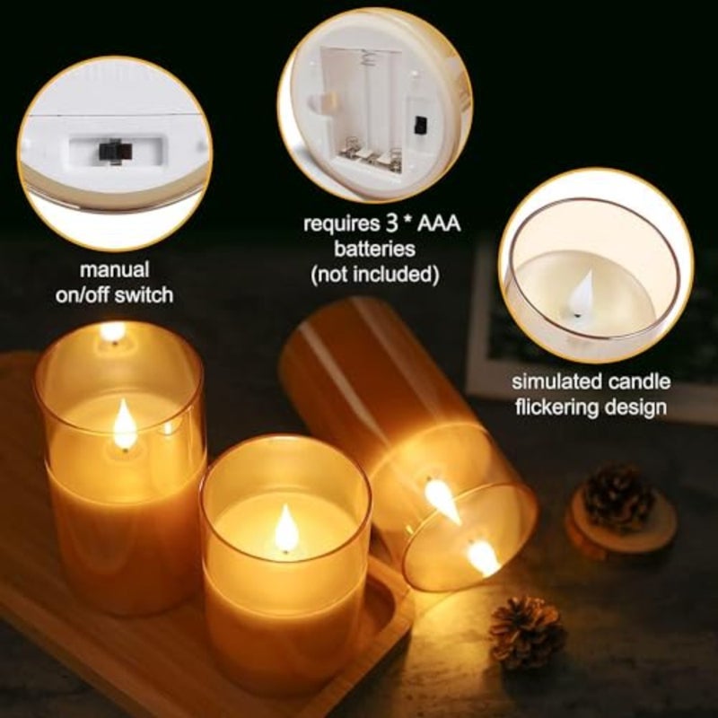 Led Flameless Candles, Battery Operated Real Pillar Wax Flickering Moving Wick Effect Glod Halloween Glass Candle Set with Remote Control Cycling Timer, 10cm, 12.5cm, 15cm, Pack of 3 - Image 3
