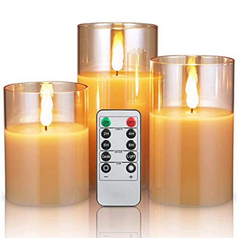 Led Flameless Candles, Battery Operated Real Pillar Wax Flickering Moving Wick Effect Glod Halloween Glass Candle Set with Remote Control Cycling Timer, 10cm, 12.5cm, 15cm, Pack of 3 - Image 1