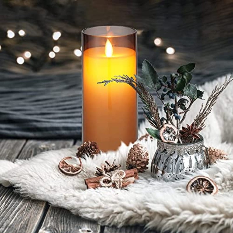 Led Flameless Candles, Battery Operated Real Pillar Wax Flickering Moving Wick Effect Glod Halloween Glass Candle Set with Remote Control Cycling Timer, 10cm, 12.5cm, 15cm, Pack of 3 - Image 4