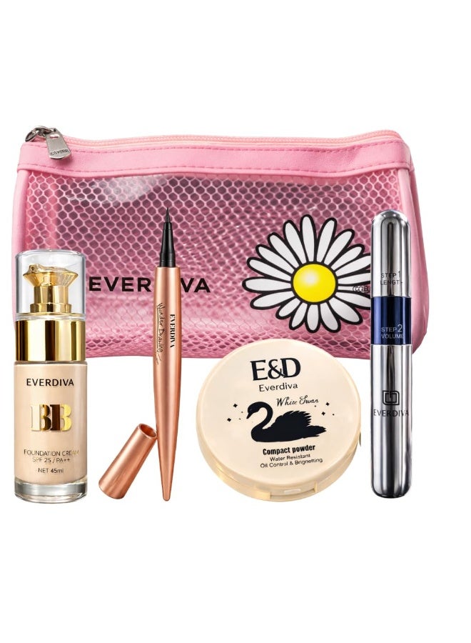 Everdiva Complete Eye & Face Makeup Combo Kit - Eyeliner, BB Foundation, Compact Powder, Mascara with Makeup Bag - Image 1