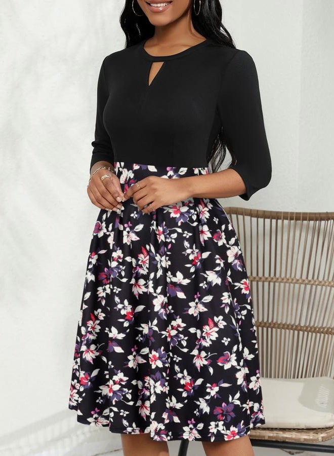 YATHON Women Dresses Business Casual Black Red Floral Print Patchwork Stretchy Cotton O-Neck Knee-Length 3/4 Sleeve Flare Swing Wedding Party Dress (M, YT018-Black Flo 01-3/4) - Image 3