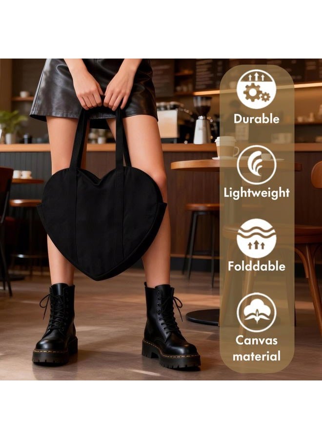 CosInStyle Cute Heart Shaped Canvas Tote Bag for Women, Daily Reusable Shoulder Grocery Shopping Bag with Pocket & Buckle, Black, One size - Image 4