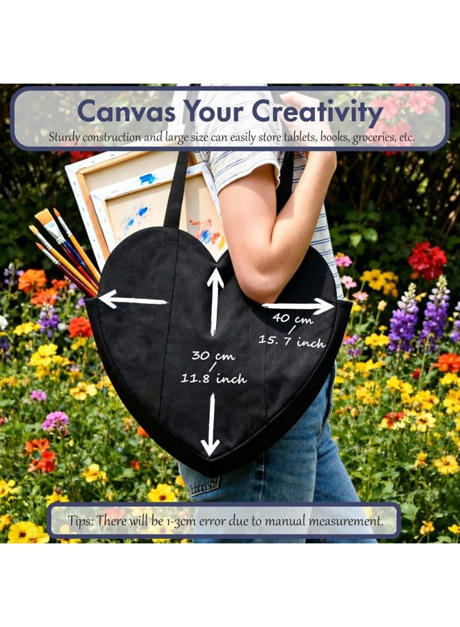 CosInStyle Cute Heart Shaped Canvas Tote Bag for Women, Daily Reusable Shoulder Grocery Shopping Bag with Pocket & Buckle, Black, One size - Image 2
