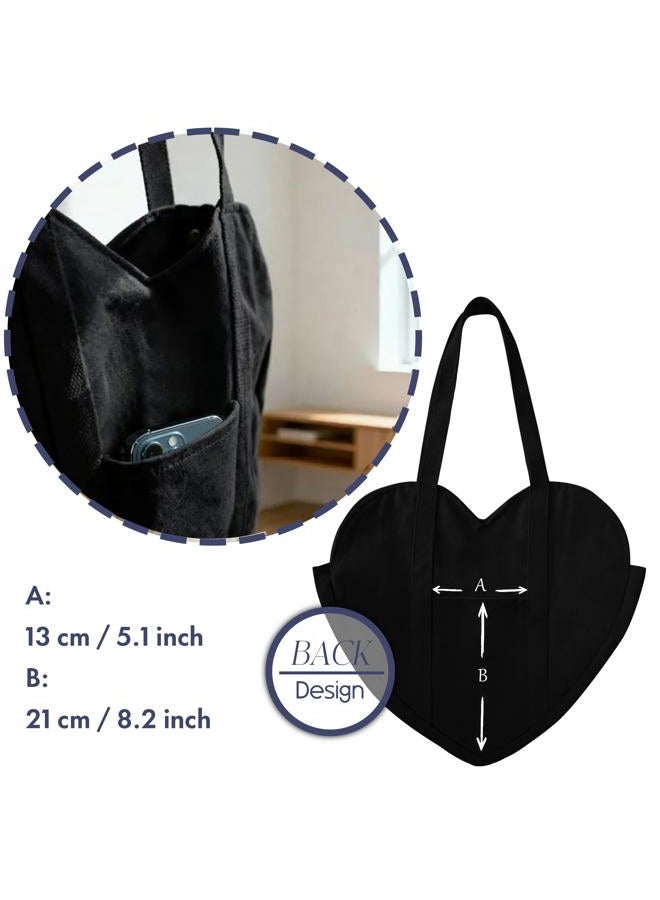 CosInStyle Cute Heart Shaped Canvas Tote Bag for Women, Daily Reusable Shoulder Grocery Shopping Bag with Pocket & Buckle, Black, One size - Image 3