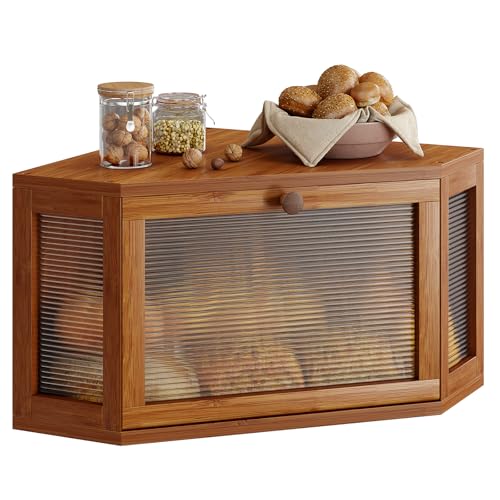 WOWLIVE Corner Bread Box for Kitchen Countertop Bamboo Bread Storage Container Large Farmhouse Bread Holder with Acrylic Wavy Door Panel Multifunctional Container Caramel - Image 1