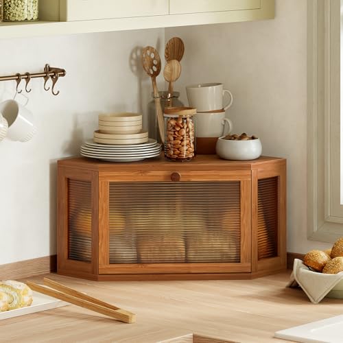 WOWLIVE Corner Bread Box for Kitchen Countertop Bamboo Bread Storage Container Large Farmhouse Bread Holder with Acrylic Wavy Door Panel Multifunctional Container Caramel - Image 3