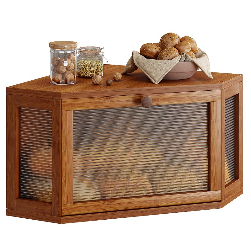 WOWLIVE Corner Bread Box for Kitchen Countertop Bamboo Bread Storage Container Large Farmhouse Bread Holder with Acrylic Wavy Door Panel Multifunctional Container Caramel - Image 2