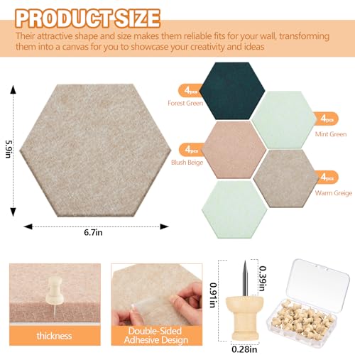 Mindsoft 16 Pcs Hexagon Cork Board for Walls with 50 Wooden Push Pins 67 x 59 in Felt DIY Tiles Notice with Nano Tape Hanging Bulletin Board for Home Photo Office Memo Note Green - Image 3