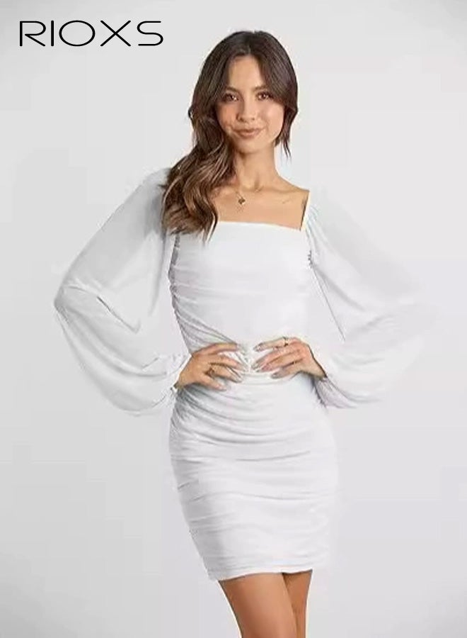 ريوكس فستان قصير بأكمام طويلة وياقة مربعة للنساء، فستان قصير ضيق بخصر عالٍ للسيدات، فستان قصير ضيق ومريح للصيف ومناسب للحفلات والمواعيد والمكتب وغيرها، أبيض - Image 1