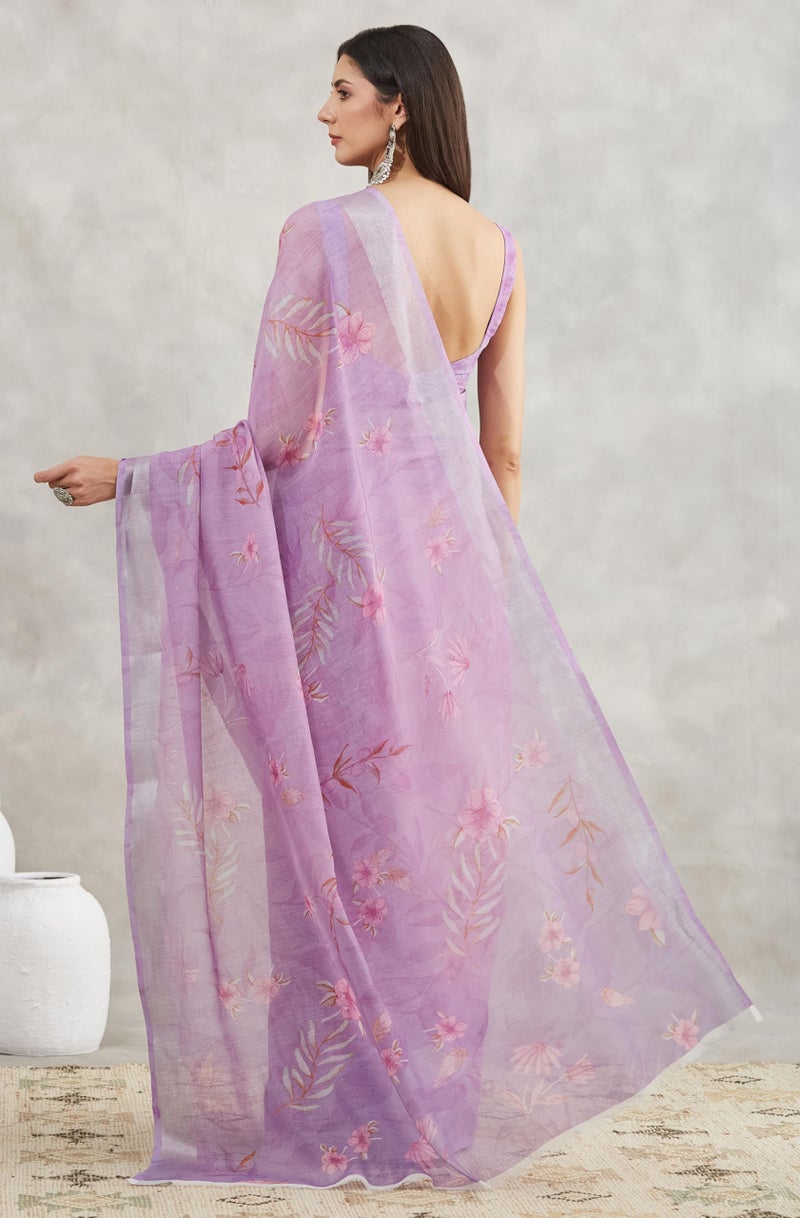 Janasya Women's Lavender Linen Blend Floral Printed Printed Saree with Blouse Piece - Image 4