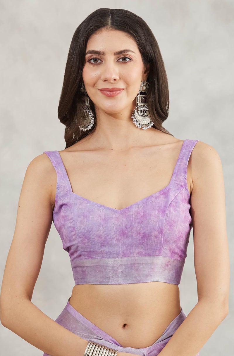 Janasya Women's Lavender Linen Blend Floral Printed Printed Saree with Blouse Piece - Image 5