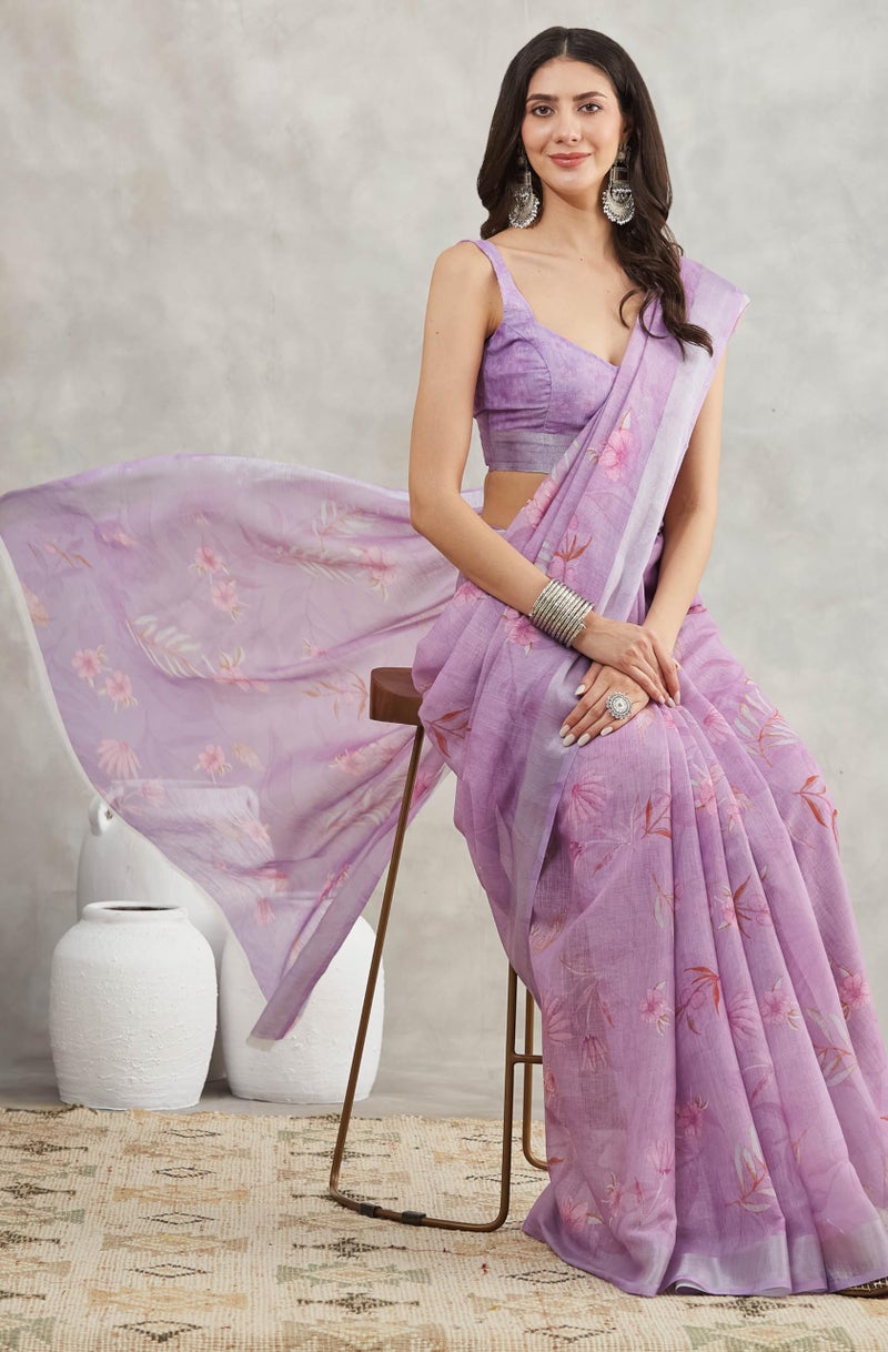 Janasya Women's Lavender Linen Blend Floral Printed Printed Saree with Blouse Piece - Image 3