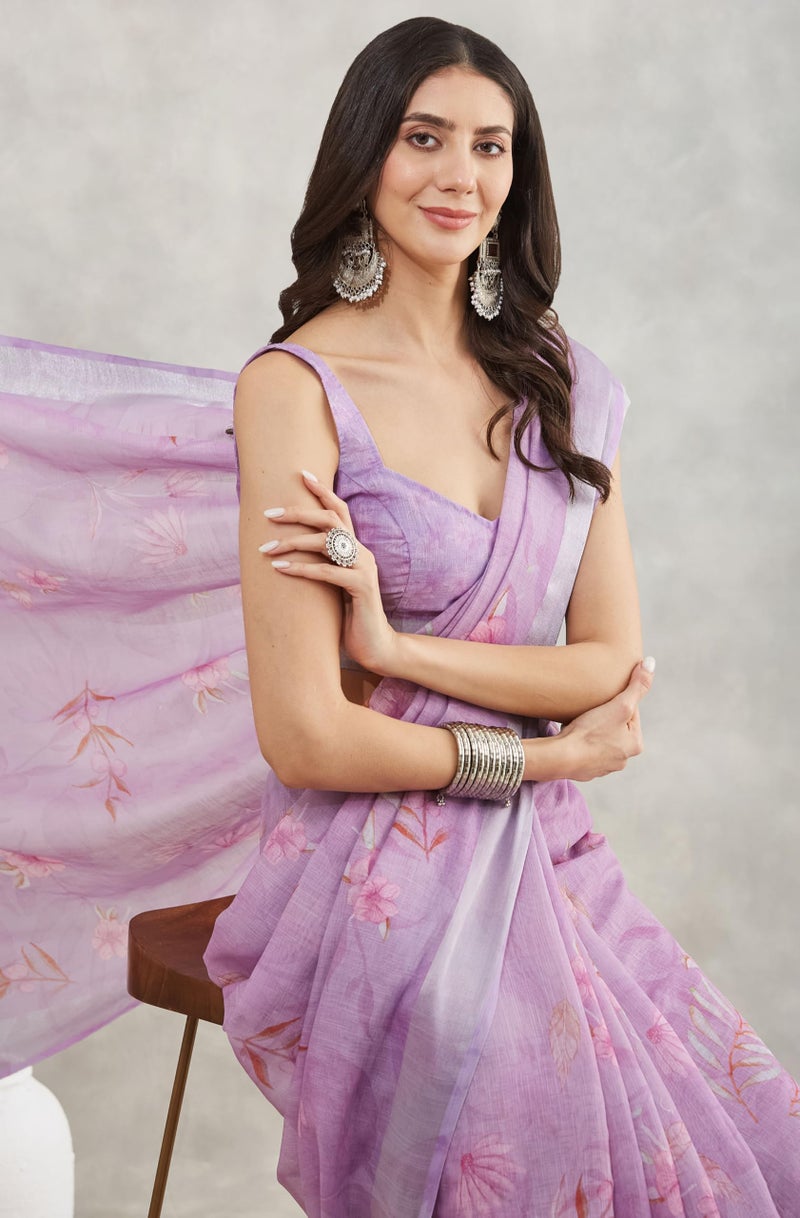 Janasya Women's Lavender Linen Blend Floral Printed Printed Saree with Blouse Piece - Image 2