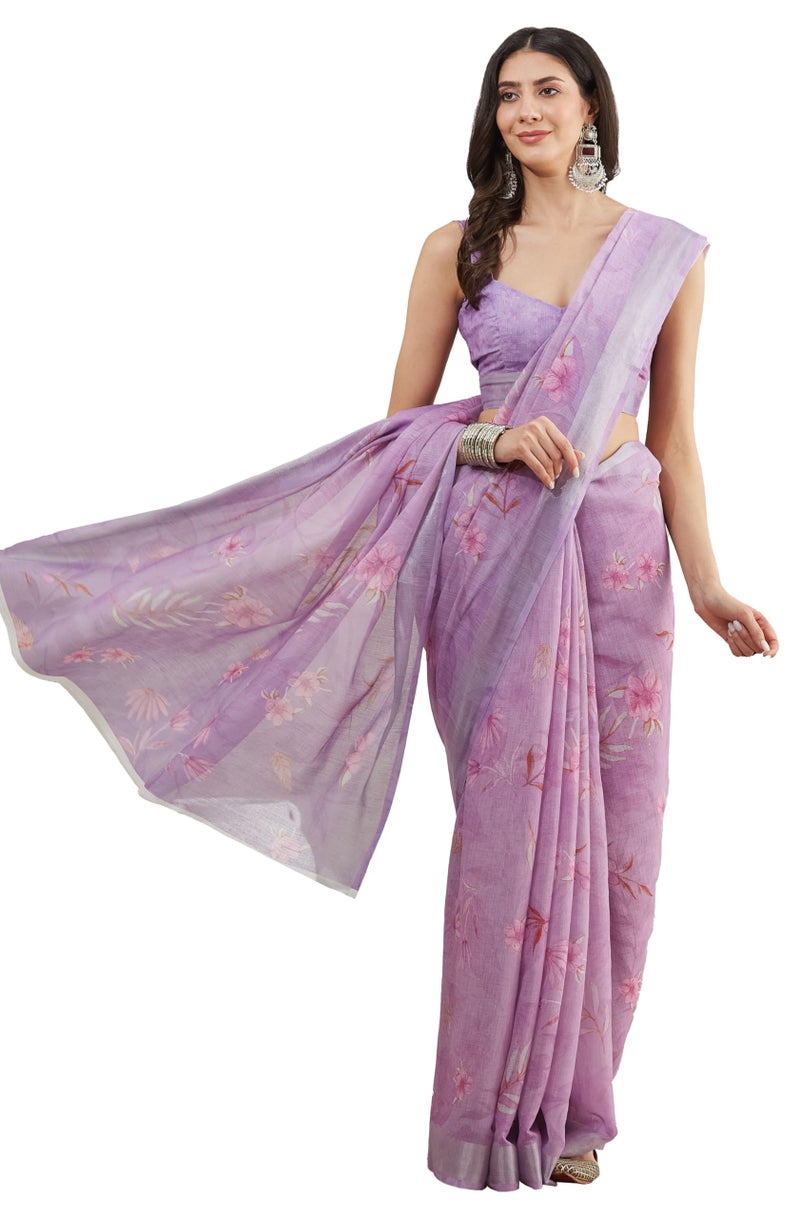 Janasya Women's Lavender Linen Blend Floral Printed Printed Saree with Blouse Piece - Image 1