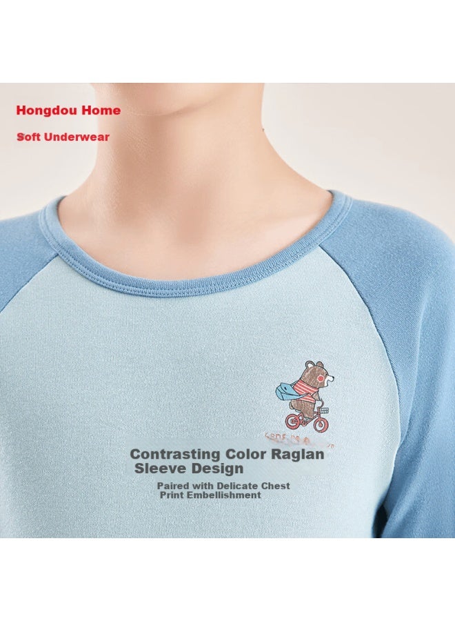HOdo Home Hodohome Boys' 7a Grade Antibacterial Thin Cotton Thermal Underwear Set, Long Sleeve Top And Pants, Round Neck, Blue, Size 140 - Image 2
