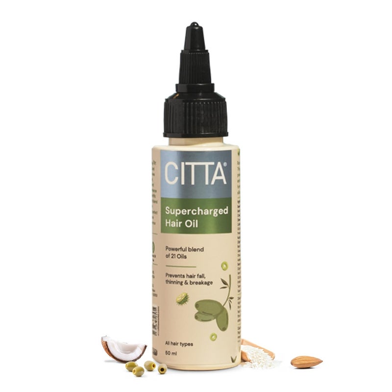 CITTA Supercharged Hair Oil For Men Women Deep Repair Action From Root To Tip Scalp Rejuvenation Complex Ultimate Nourishing Oil Blend Shine Moisture Lock Formula Power Blend Of 21 Natural Traditionally Preferred Oils For All Hair Scalp Types 50 ml - Image 1