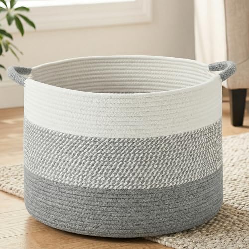 Artfeel 70L Large Cotton Rope Basket Decorative Woven Blanket Storage for Living Room Boho Toy Storage Toy Box for Kids Versatile Laundry Basket Nursery Hamper for BlanketsGrey - Image 1