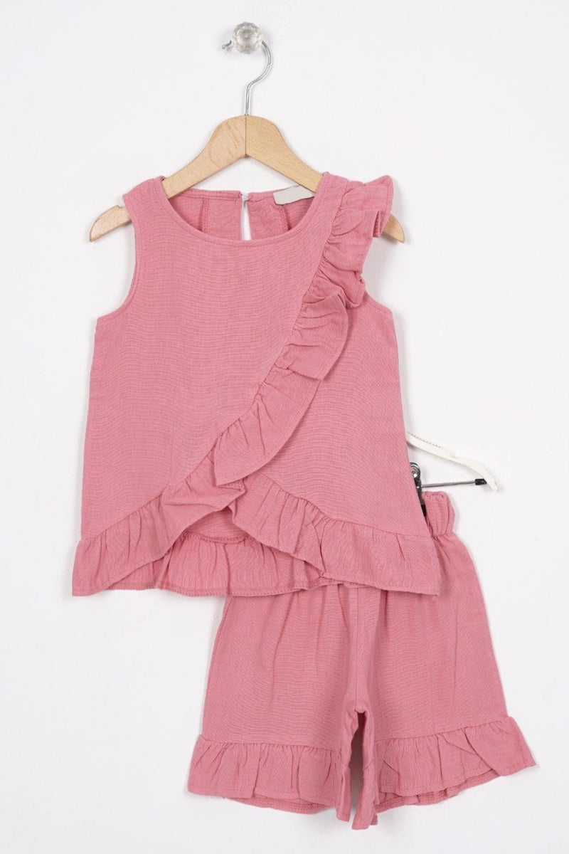 Zepkids Pink Color Girl Shorts Set with Frills on Front and Hem  - Image 1