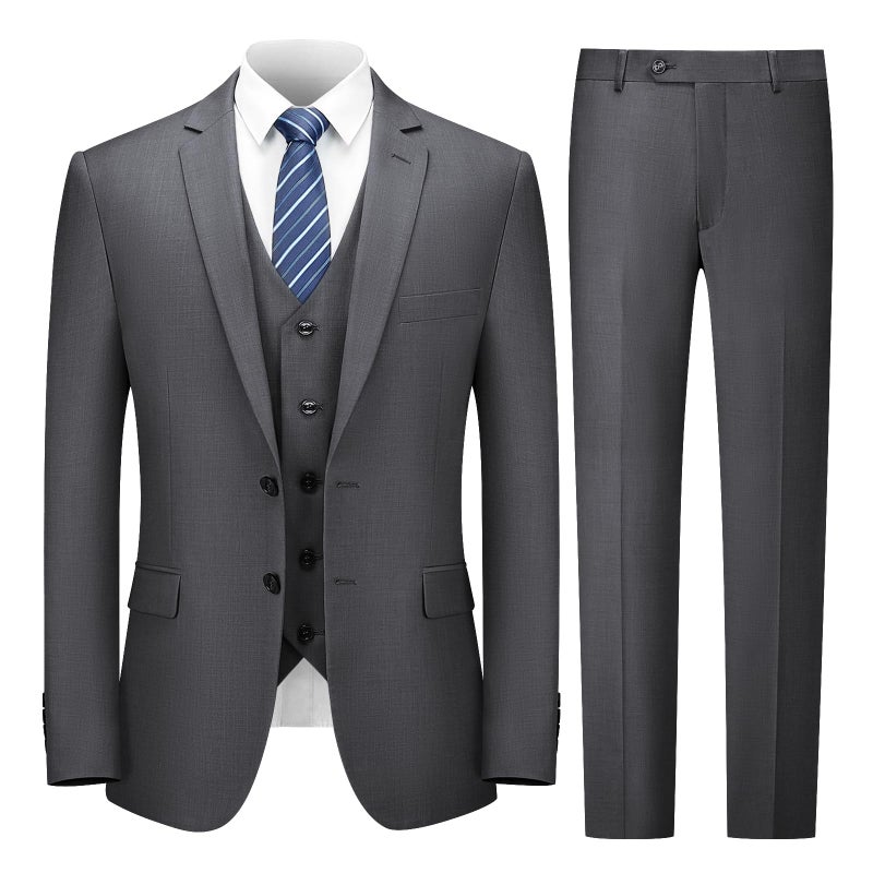 Cooper Nelson 3 Piece Mens Suit Set 2 Button Slim Fit Suit for Men Solid Jacket Vest Pants and Tie Dark Grey XL
