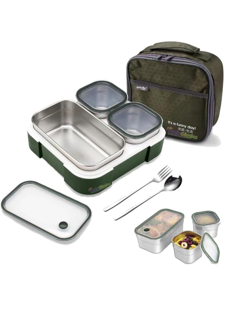 BrainGiggles Insulated Leakproof BPA- Free Stainless Steel Bento Lunchbox, Airtight and Compact Lunch Box for Adults and Kids with 3 Independent Compartments (Green) - Image 1