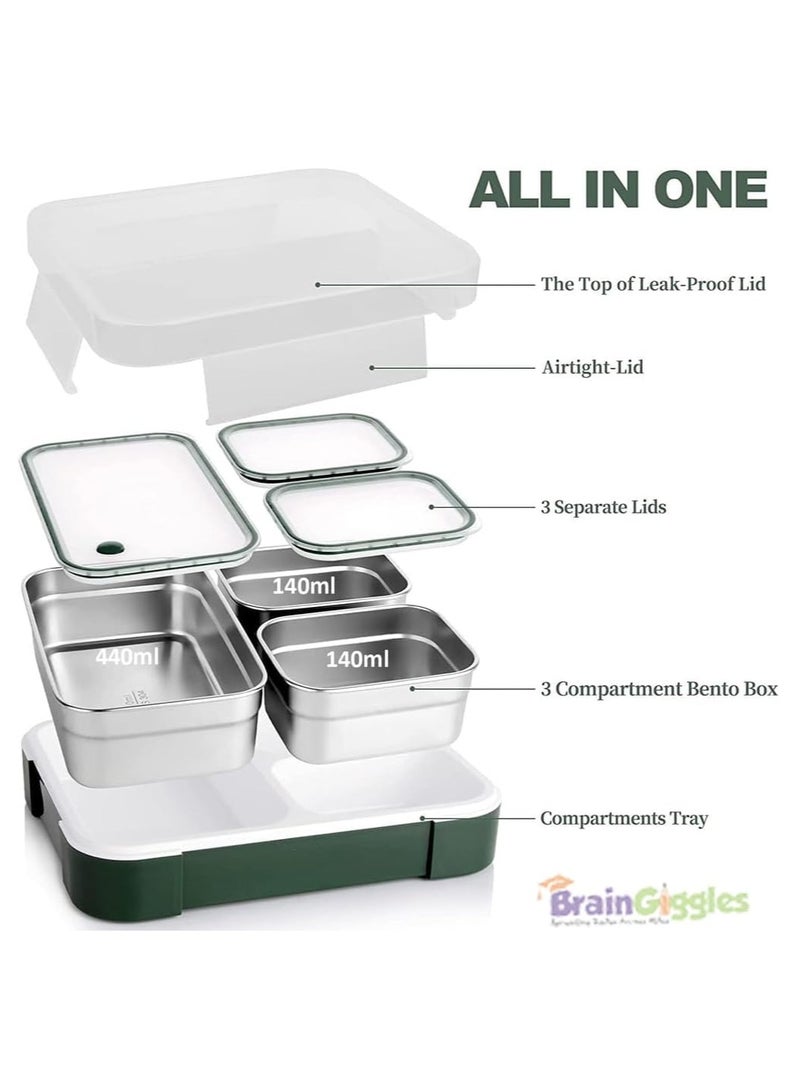 BrainGiggles Insulated Leakproof BPA- Free Stainless Steel Bento Lunchbox, Airtight and Compact Lunch Box for Adults and Kids with 3 Independent Compartments (Green) - Image 4