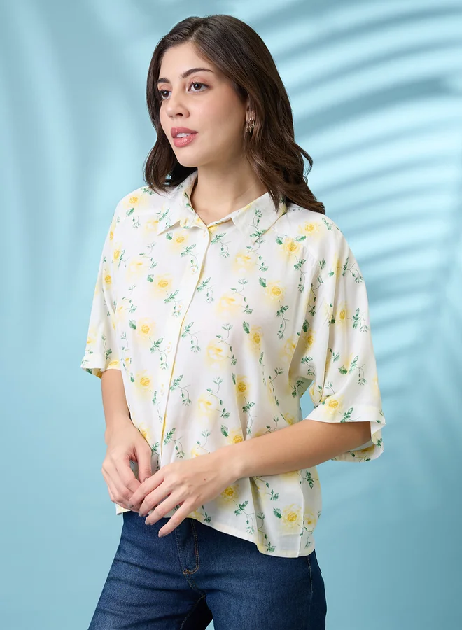 globus Globus Off White Floral Print Relaxed Fit Shirt