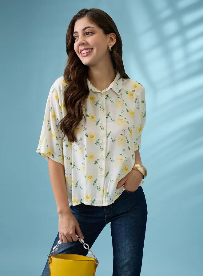 globus Globus Off White Floral Print Relaxed Fit Shirt