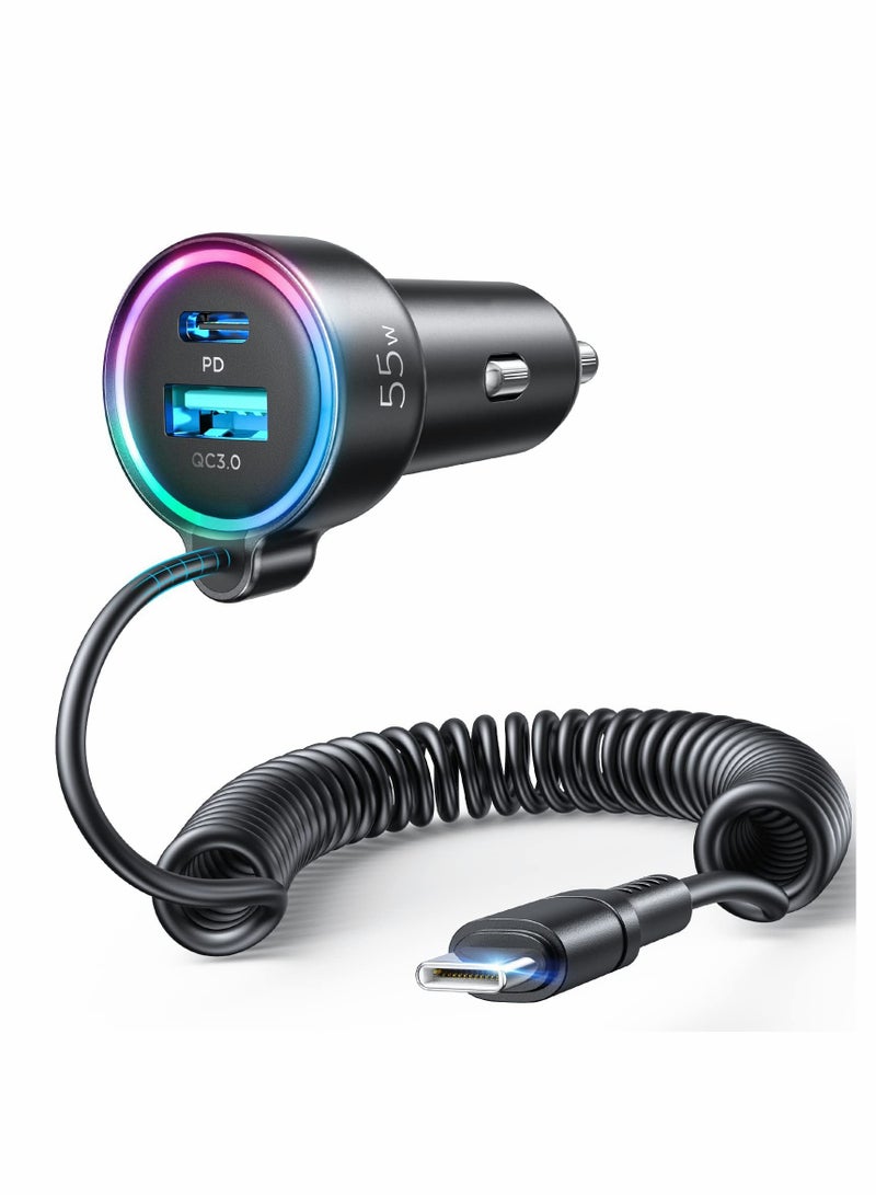 Excefore USB C Car Charger, 55W 3 Port(Dual PD 3.0+QC 3.0)Fast Car Charger Adapter with Built-in USB C Coil, Compatible with iPhone 13/12/11, for iPad Pro/Mini, for Galaxy S21/S20 etc - Image 1