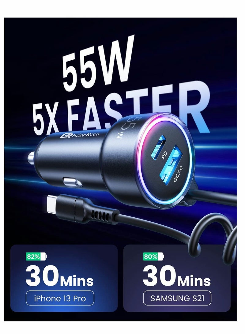 Excefore USB C Car Charger, 55W 3 Port(Dual PD 3.0+QC 3.0)Fast Car Charger Adapter with Built-in USB C Coil, Compatible with iPhone 13/12/11, for iPad Pro/Mini, for Galaxy S21/S20 etc - Image 2
