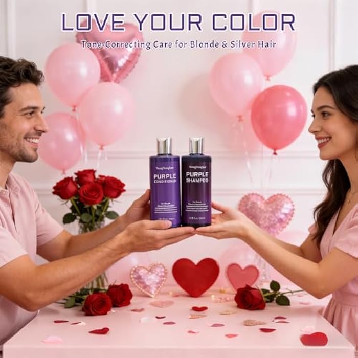 Purple Shampoo & Conditioner Set for Blonde, Silver, Brown, Bleached & Highlighted Hair - Tones Brassiness, Restores Damaged Hair, Deeply Hydrates & Enhances Shine - Color-Safe, 2 x 10.1 oz - Image 2