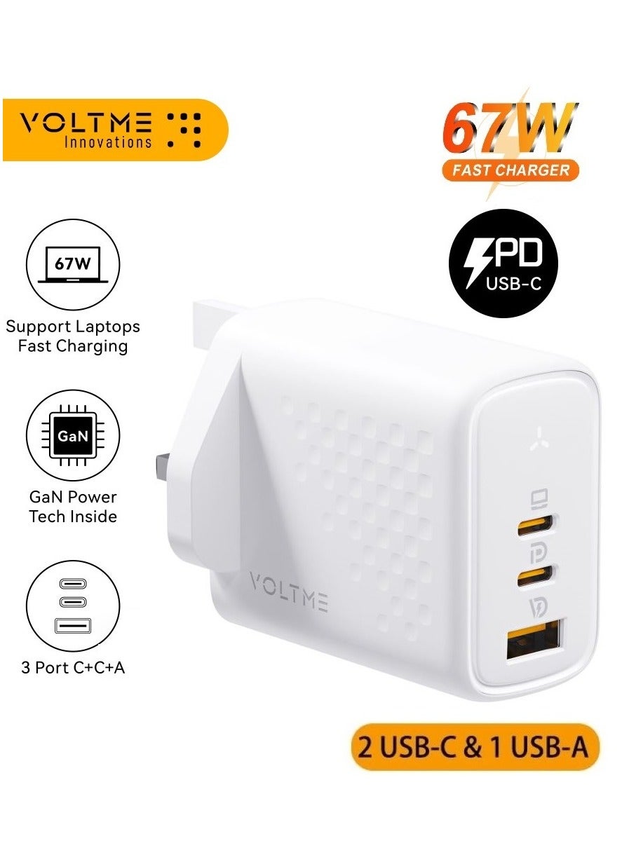67W GaN Fast Wall Charger 3-Port USB-C PD Power Adapter – High-Speed Type-C Charging Plug for iPhone Air, iPhone 17 / 17 Pro / 17 Pro Max, iPhone 16 / 15 / 14 / 13 Series, iPad Pro & Air, MacBook Pro & Air, Samsung Galaxy S25 / S24 / S23 / S22, Google Pixel, Apple Watch, AirPods Pro, Steam Deck – Compact Travel Charger (White)