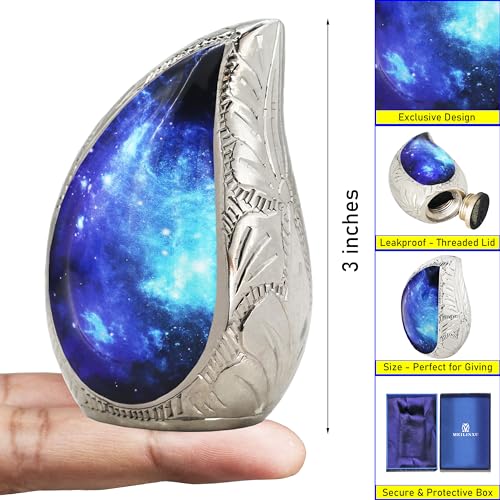 M MEILINXU Small Urns for Human Ashes Keepsake, Mini Urn for Ashes Adult Male & Female, Teardrop Cremation Container, Tear Drop Decorative - Blue Cosmic Galaxy, Brass Engraving Urn - Small Keepsake - Image 3