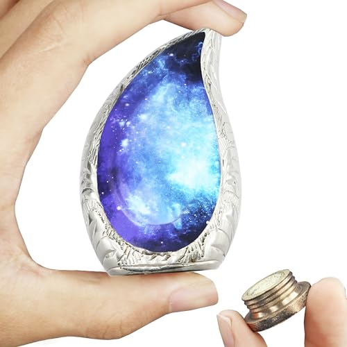 M MEILINXU Small Urns for Human Ashes Keepsake, Mini Urn for Ashes Adult Male & Female, Teardrop Cremation Container, Tear Drop Decorative - Blue Cosmic Galaxy, Brass Engraving Urn - Small Keepsake - Image 1