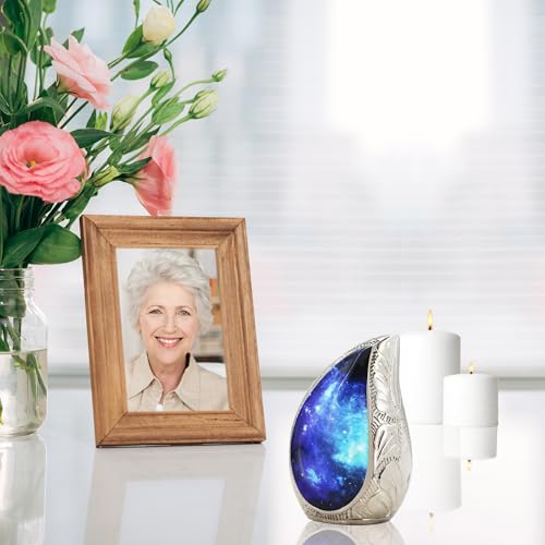 M MEILINXU Small Urns for Human Ashes Keepsake, Mini Urn for Ashes Adult Male & Female, Teardrop Cremation Container, Tear Drop Decorative - Blue Cosmic Galaxy, Brass Engraving Urn - Small Keepsake - Image 5