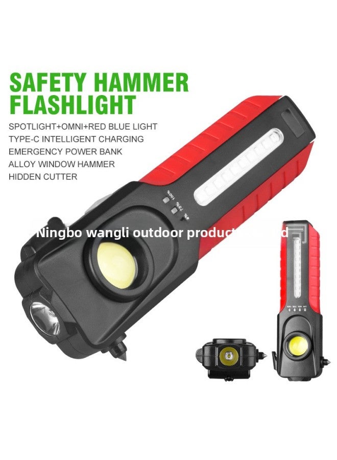 Cross-border New COB Work Light Type-C Rechargeable Multifunctional Car Inspection Light Car Safety Hammer Flashlight 