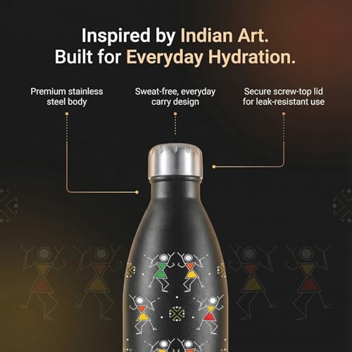 Perch Retro Hot & Cold Stainless Steel Water Bottle 980ml|Triple-Layer Vacuum Insulated 3D Printed Bottle|ISI Certified, Leakproof & BPA-Free Flask|Ideal Gift for Men, Women & Parents|Warli Art - Image 5